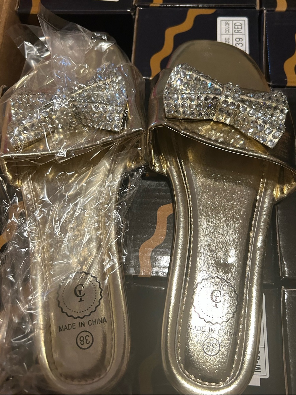 Gold Crystal Bow Slide Mules